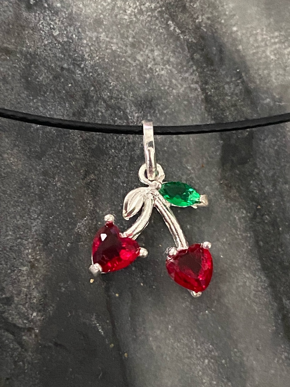 Silver 925 Cherry Pendant Necklace with Red and Green Stones